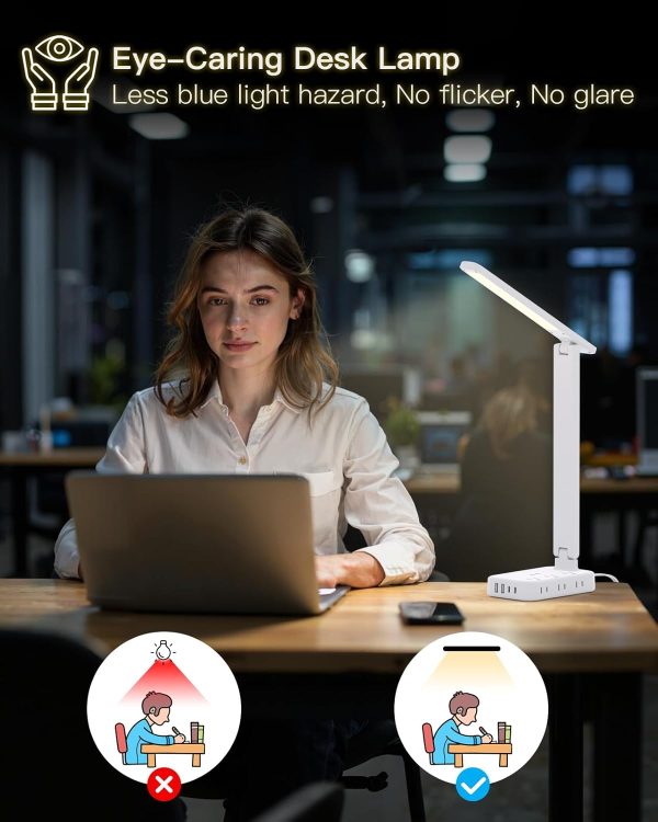One Beat Desk Lamp with 6 Outlets 4 USB Ports(2×USB-C),Eye Protection Table Lamp Power Strip with 4 Color Modes 5 Brightness Touch LED Desk Lamps for Home Office College Dorm Room Essentials(White - Image 5